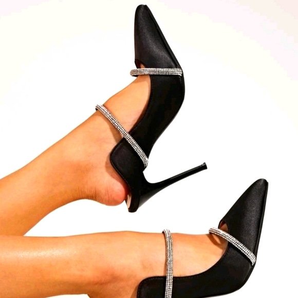boutique Shoes - BLACK SATIN RHINESTONE TRIMMED DECOR POINTED TOE MULES PUMPS